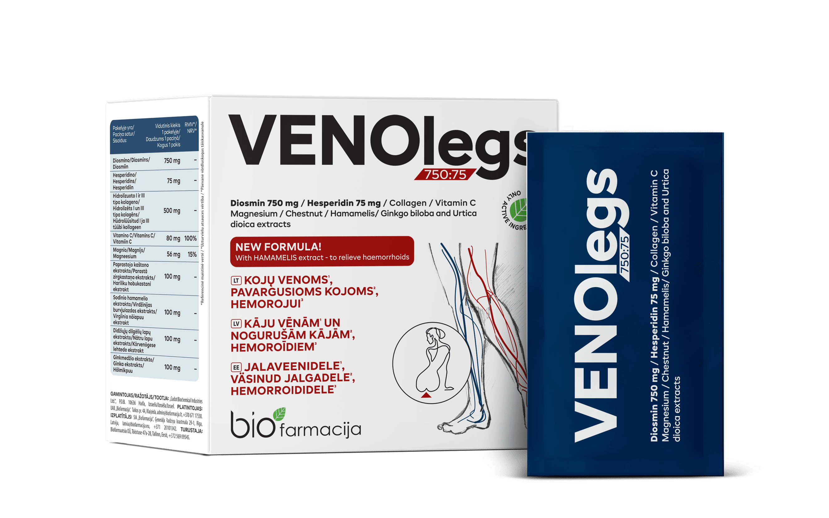 Venolegs - Kõrge flavonoidide sisaldus (750 mg diosmiini ja 75 mg hesperidiini), mineraalained, vitamiinid, hüdrolüüsitud I ja III tüübi kollageen ning 4 taimeekstrakti väsinud jalgadele, jalaveenidele, hemorroididele ja normaalse venoosse mikrotsirkulatsiooni toetuseks.